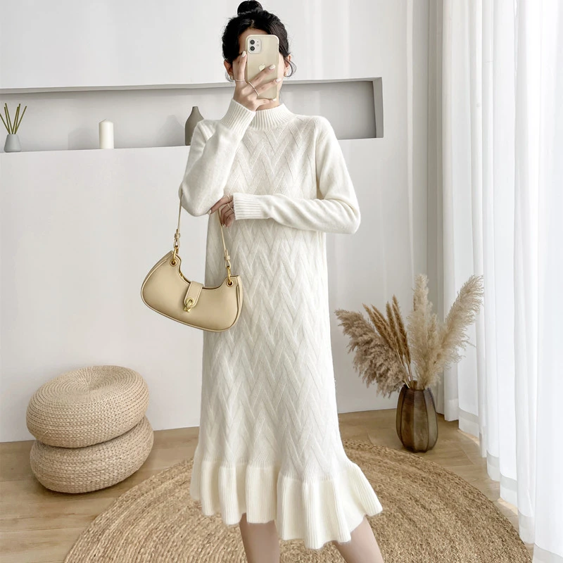 大码女装加厚保暖半高领针织连衣裙女秋冬慵懒宽松鱼尾打底毛衣裙