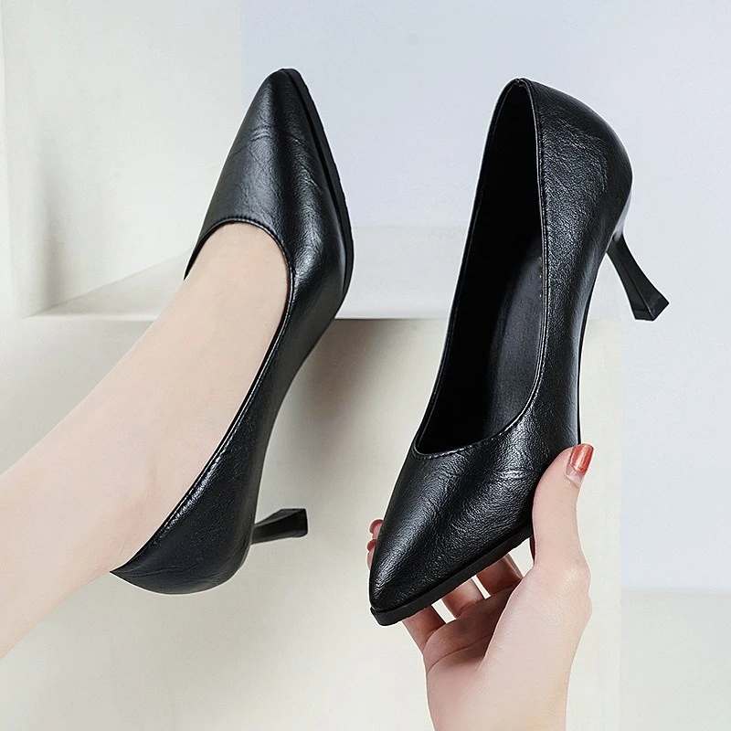 黑色高跟鞋女软皮不磨脚细跟职业百搭尖头单鞋软底礼仪舒适工作鞋
