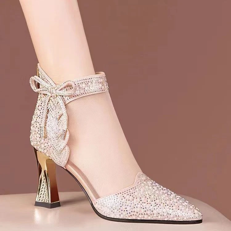 2025夏季水钻高跟网纱凉靴新款尖头高跟鞋时尚软皮网靴包头镂空鞋