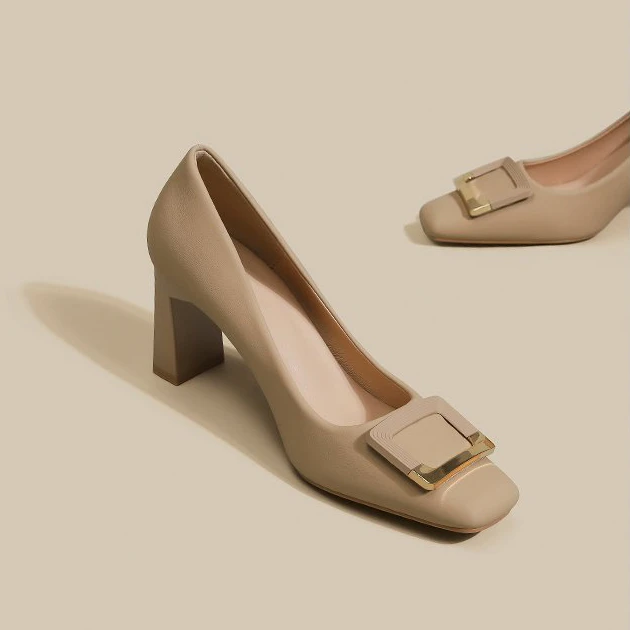 方头高跟鞋女外穿不累脚工作鞋2025秋季新款时尚方扣粗跟浅口单鞋