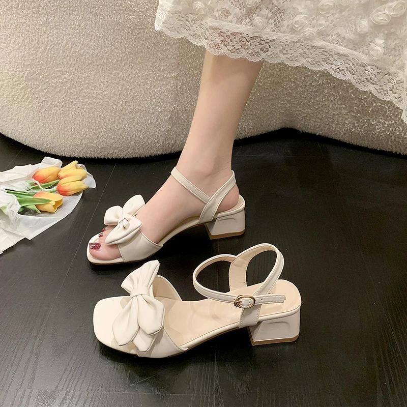 法式绝美凉鞋女款2025新款夏仙女风配裙子蝴蝶结粗跟高跟鞋不累脚