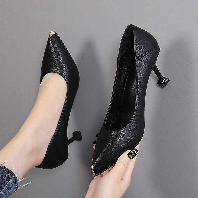 真软皮细跟高跟鞋2025年秋季新款气质女神范尖头职业不累脚单鞋女