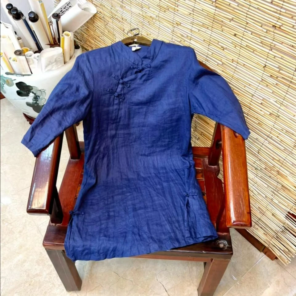 禅服茶艺唐装国风盘扣中式蓝色亚麻上衣