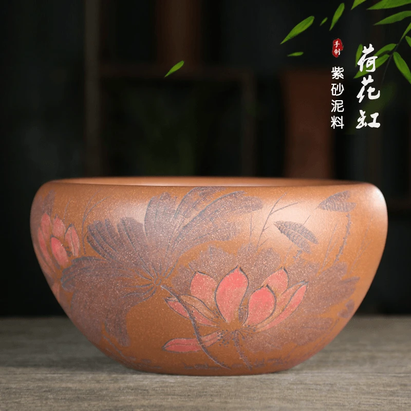 神力精品紫砂花盆大口径无底孔荷花缸锦石全手工刻绘水培铜钱草盆