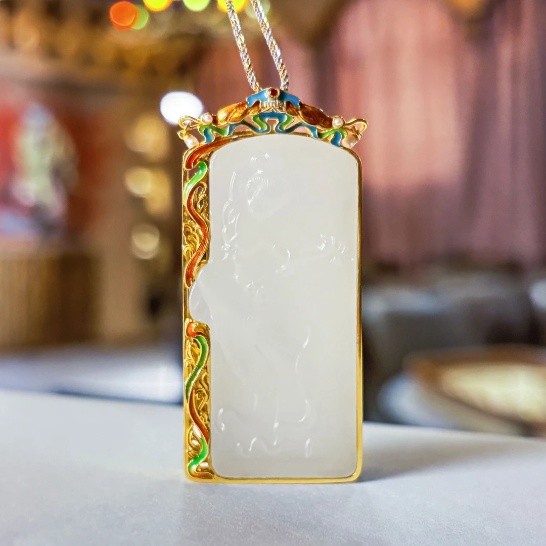 白玉世家18K金镶和田玉反弹琵琶吊坠白玉吊坠玉石精美礼物气质