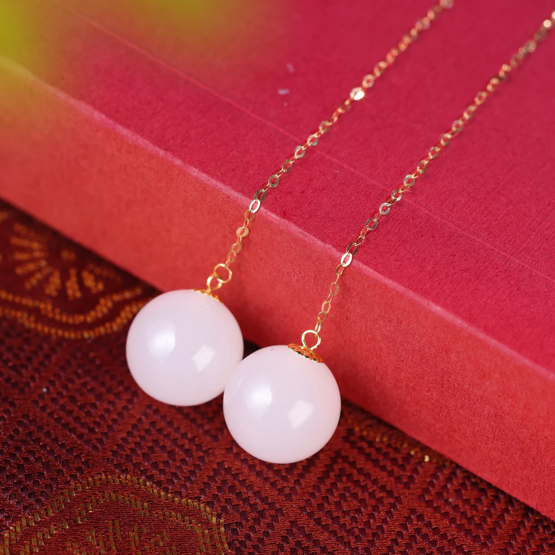 白玉世家18K金和田玉白玉珠珠耳线礼物和田玉耳饰白玉耳饰新品