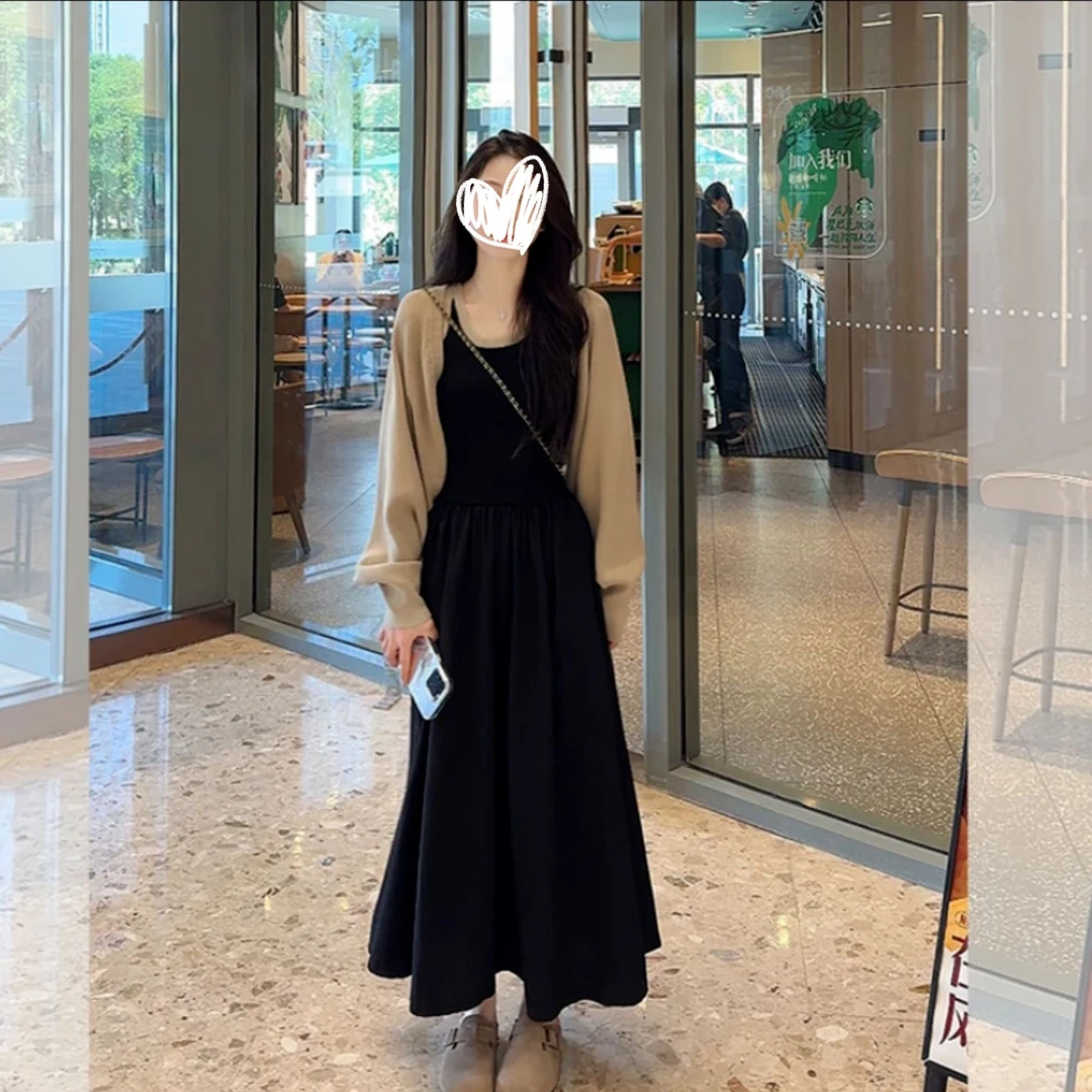 2024初秋新款时尚针织开衫法式拼接连衣裙