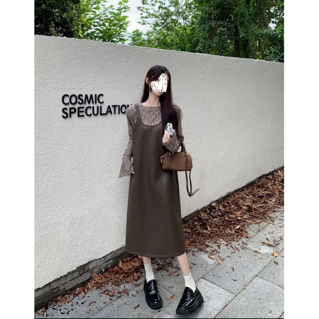 早秋韩系慵懒风气质吊带皮裙女装连衣裙显瘦内搭衬衫上衣A065