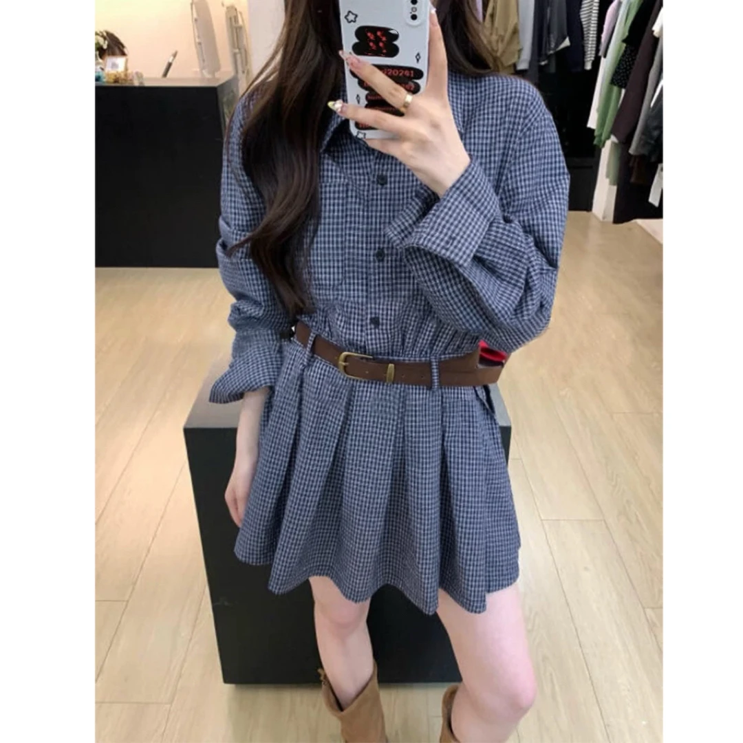 早秋季穿搭高级感超好看小个字蓝色格子衬衫连衣裙子