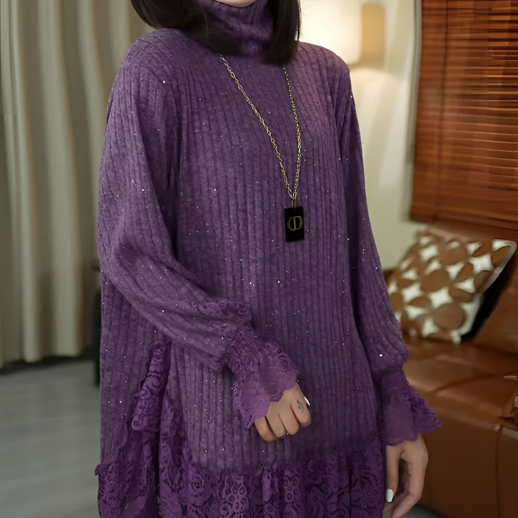 【珊珊家】新款蕾丝拼接坑条弹力高领上衣