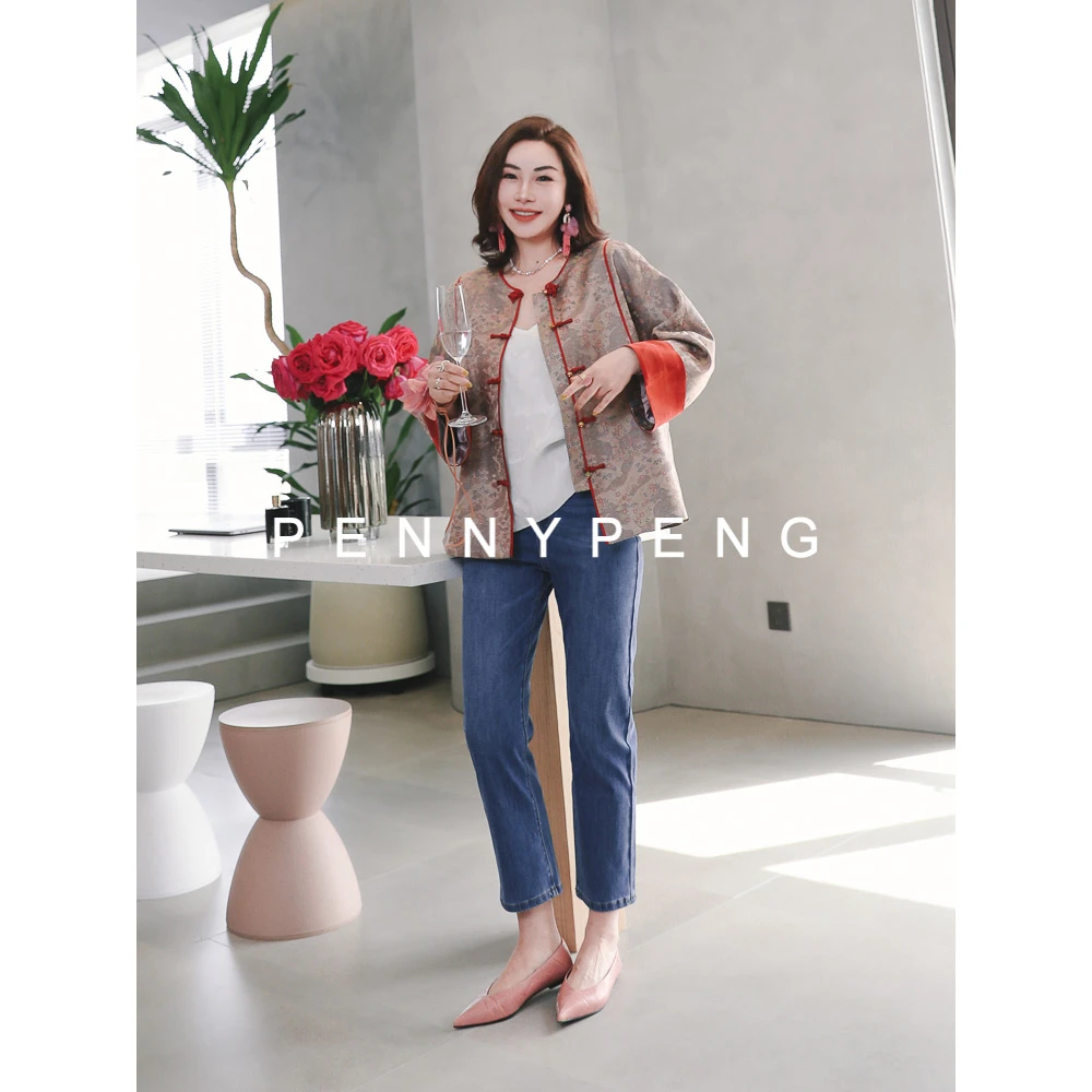 PENNYPENG冬季相思画卷时尚网红红人红色中式桑蚕丝提花宋锦外套