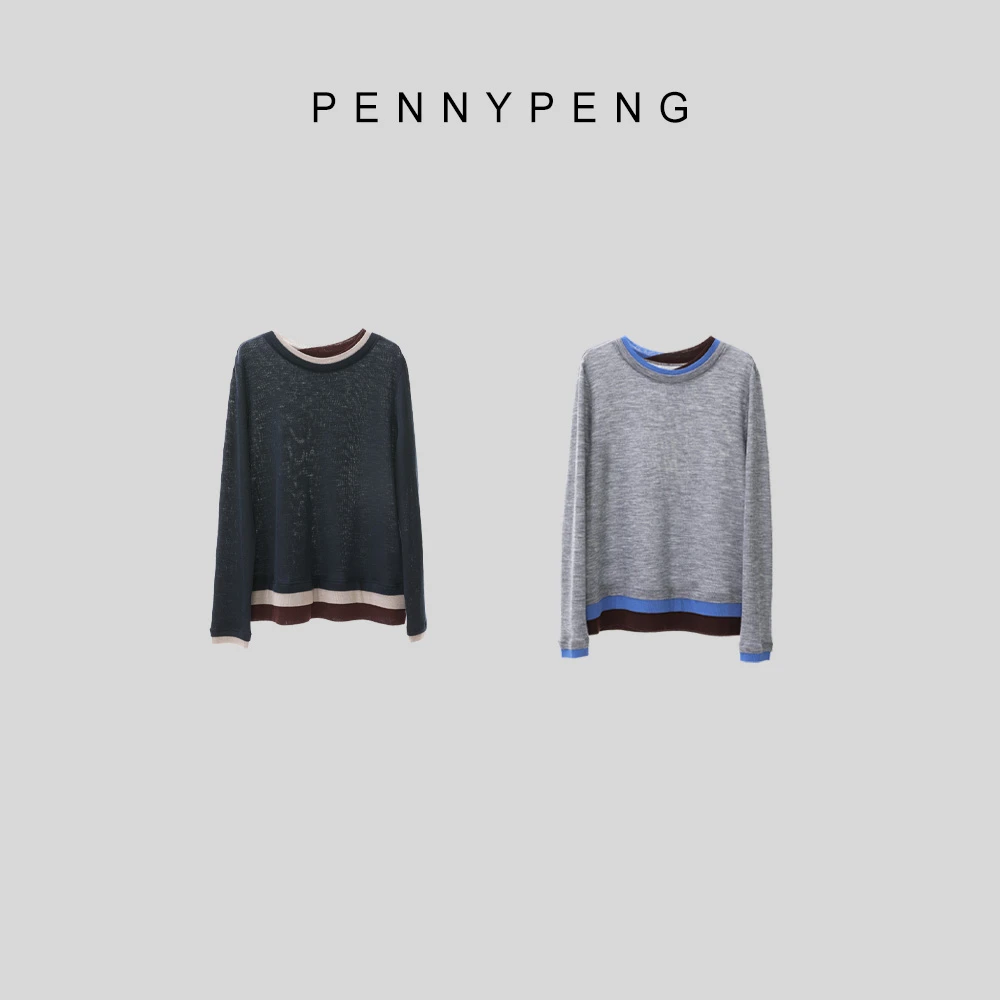 PENNYPENG叠穿法则春季时尚红人百搭休闲两色撞色羊毛气质打底衫