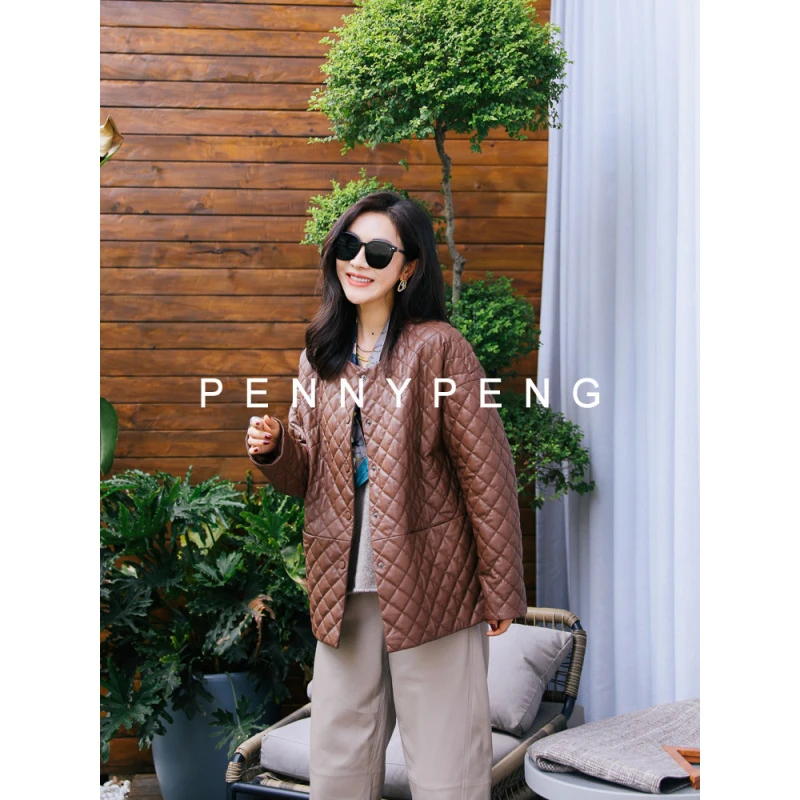 PENNYPENG现时髦博物馆早春时髦休闲百搭洋气菱格薄款棉服皮外套