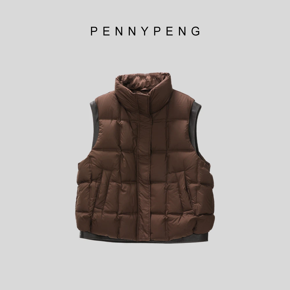 PENNYPENG巧克力盒子早春时尚百搭气质摩卡棕立领鸭绒服拼皮马甲