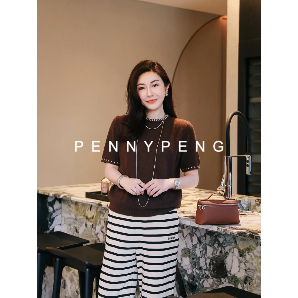 PENNY PENG巧克力布丁气质时尚白色锯齿线装饰圆领中袖条纹毛衫
