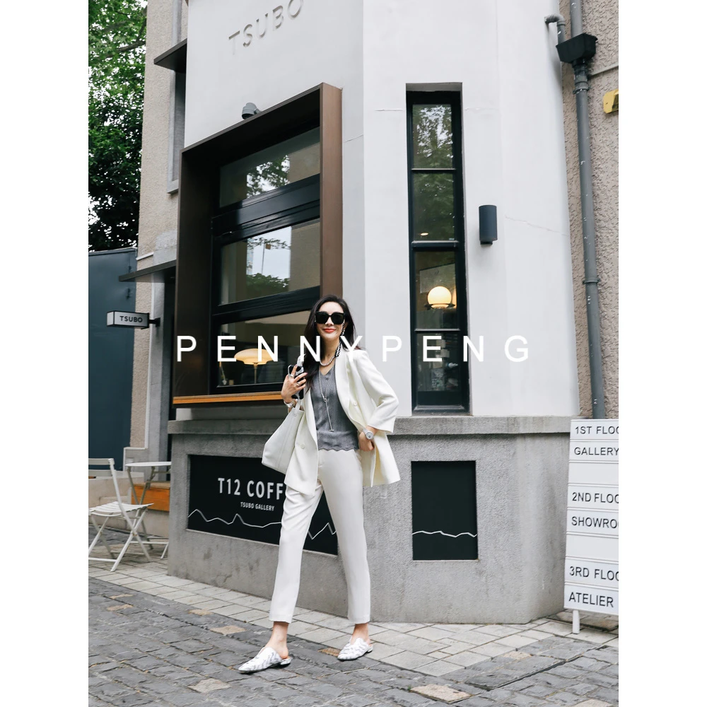 PENNY PENG纽约生活气质设计感早春白色极简风醋醋青果领西装上衣