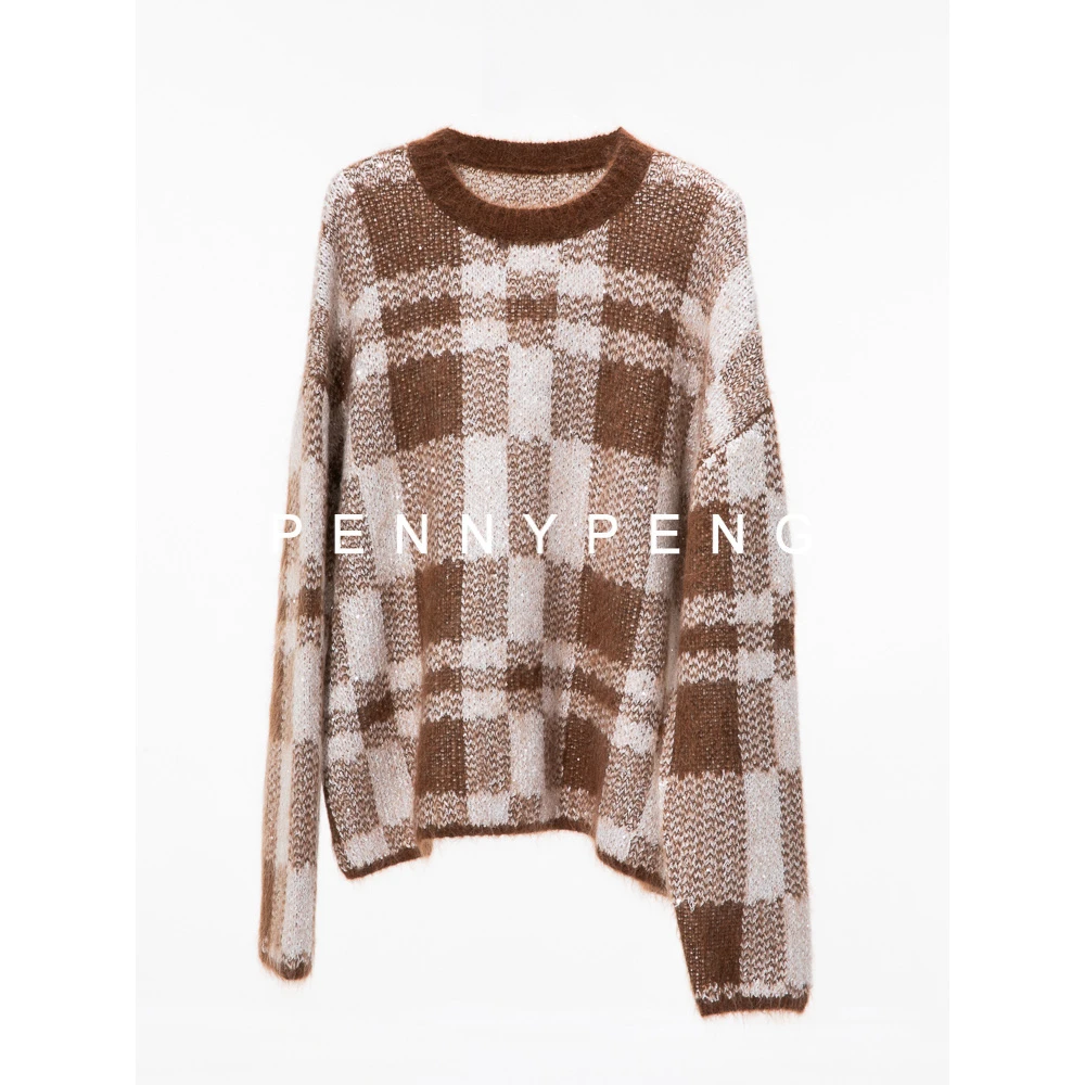 PENNYPENG软调暮夕春季时尚休闲百搭长袖针织驼色珠片格纹套头衫