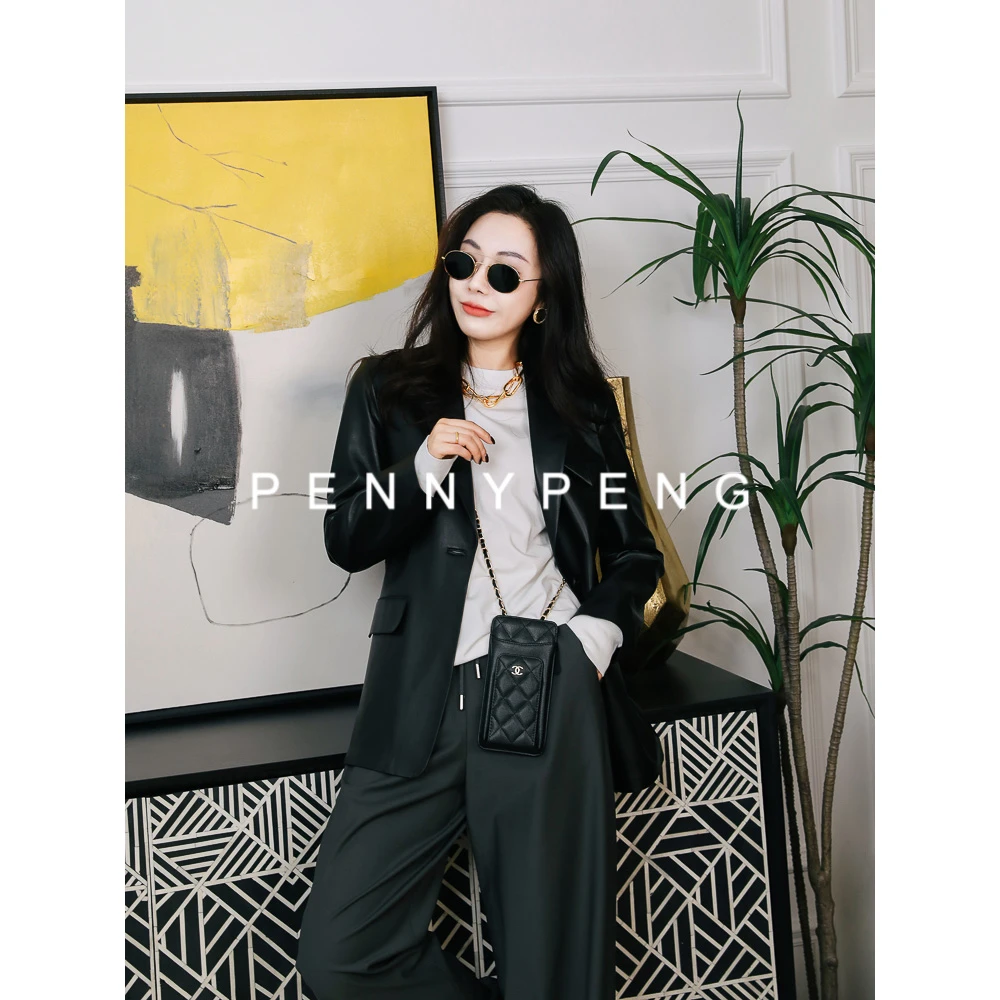 PENNY PENG爵士篇章气质宽松时尚早春廓形枪驳领皮西装夹克外套