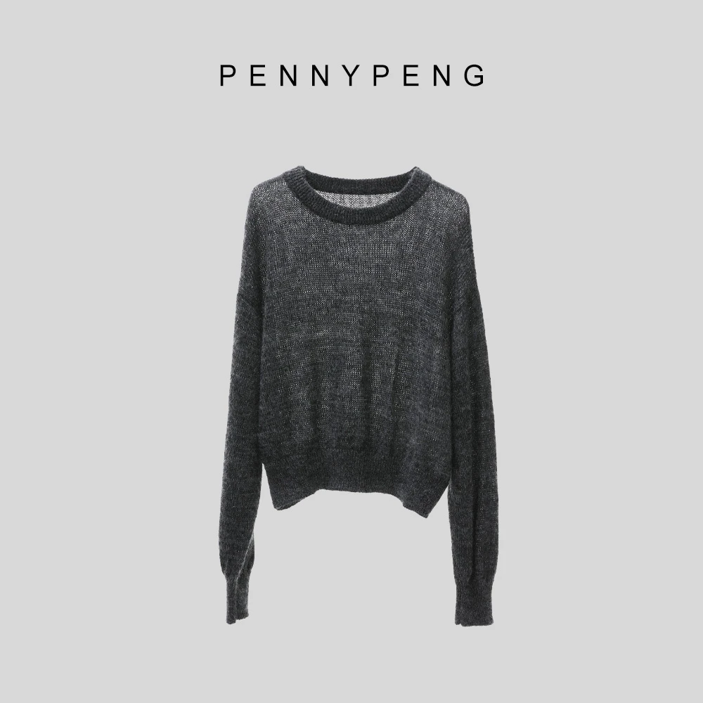 PENNYPENG凡尔赛迷雾早春气质时尚红人深灰马海毛软糯圆领套头衫