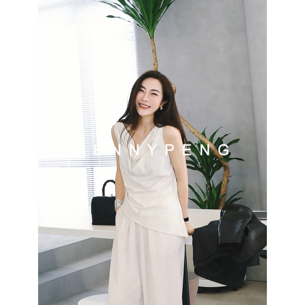 PENNYPENG白山茶【现货】欧若风气质休闲显瘦米白色荡领无袖上衣