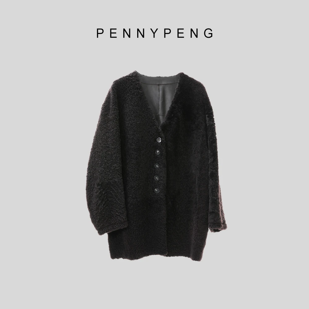 PENNYPENG冬日流光冬季时尚气质栗棕色拉贡皮毛一体极简风外套