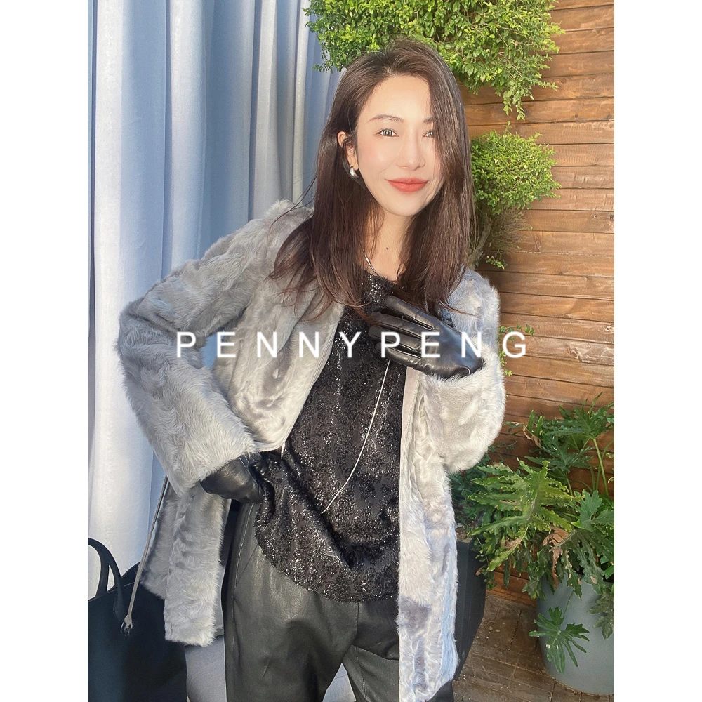 PENNY PENG现灰色恋人早春时尚气质个性腰带款V领羊毛外套灰色