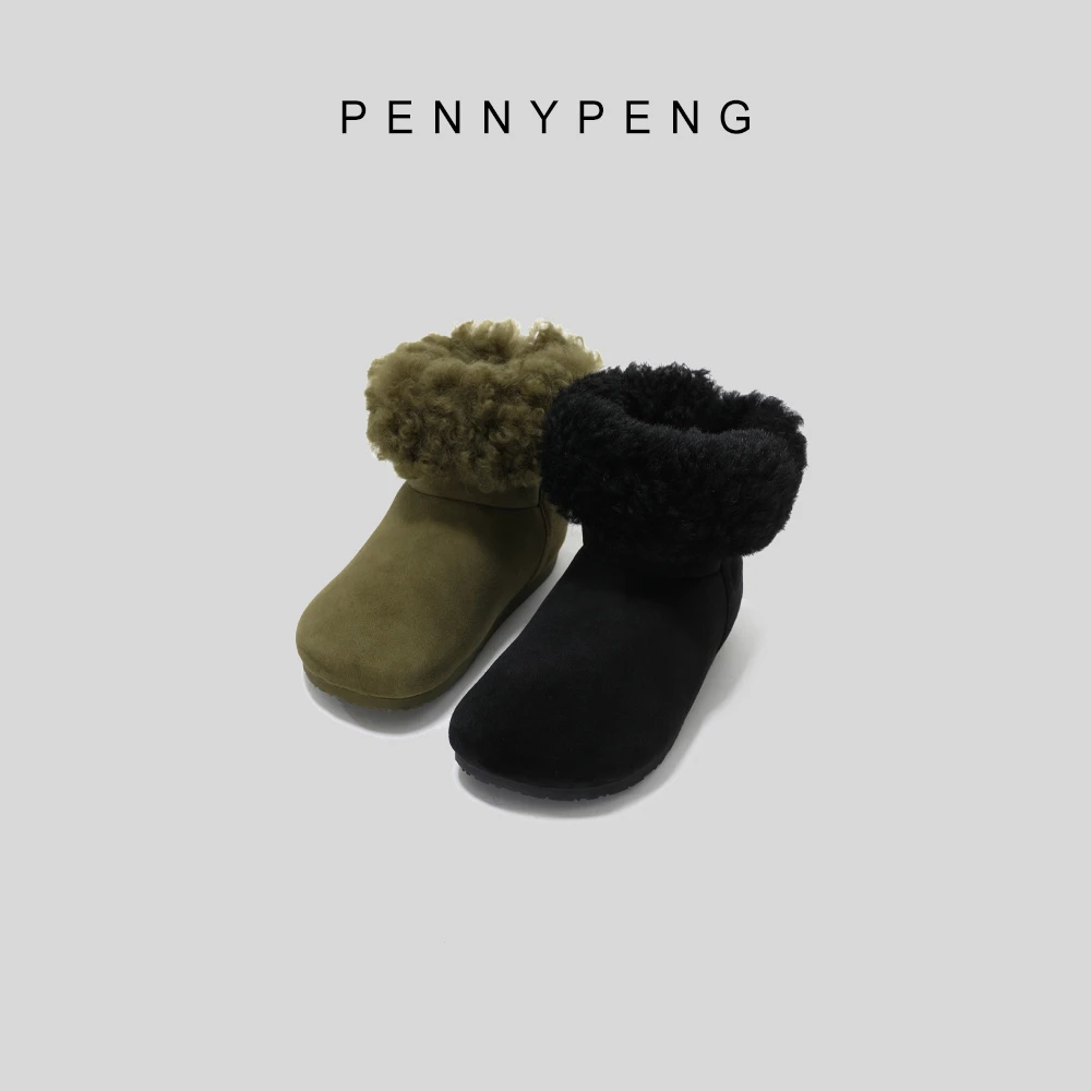 PENNYPENG糯叽叽早春时尚红人百搭舒适女士两色羊猄皮平底保暖靴
