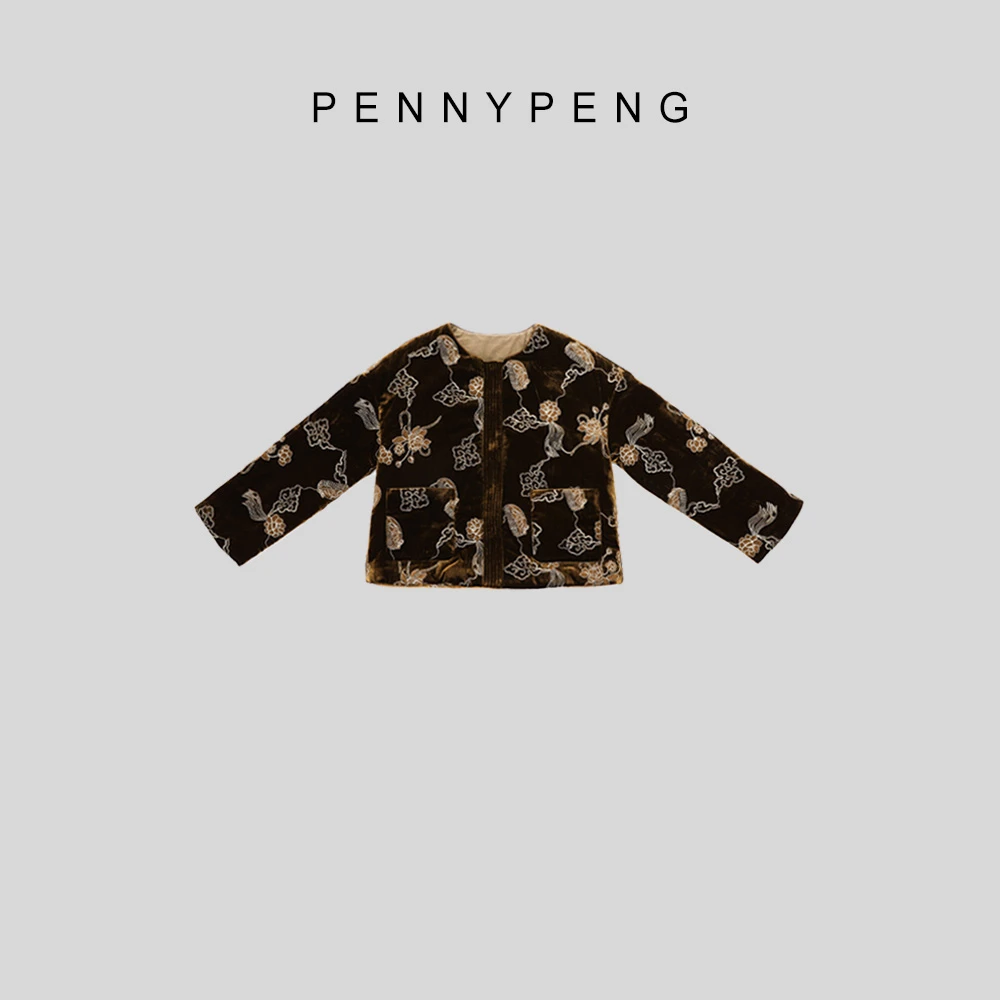 PENNYPENG金箔描金春季时尚气质复古金棕新中式国风真丝长袖外套