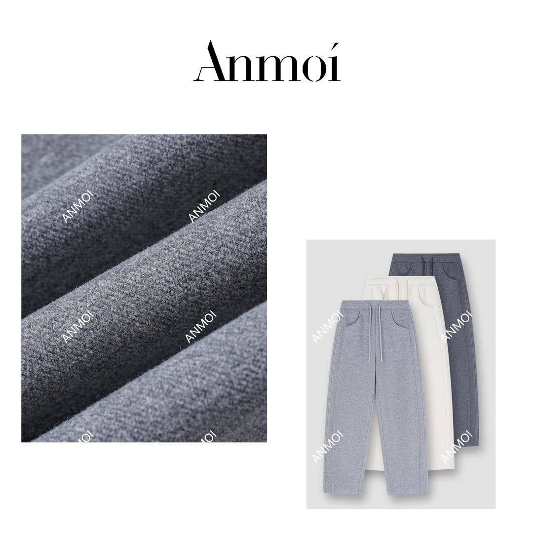 ANMOI'一尺江山'秋冬加绒香蕉裤通勤裤子直筒阔腿糯米裤拖地卫裤