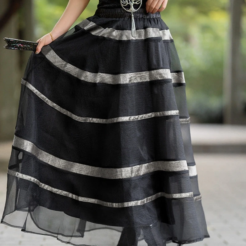 人弗缘甄选【曙光】银色条纹时尚百搭拼接半身裙RFY221382-2