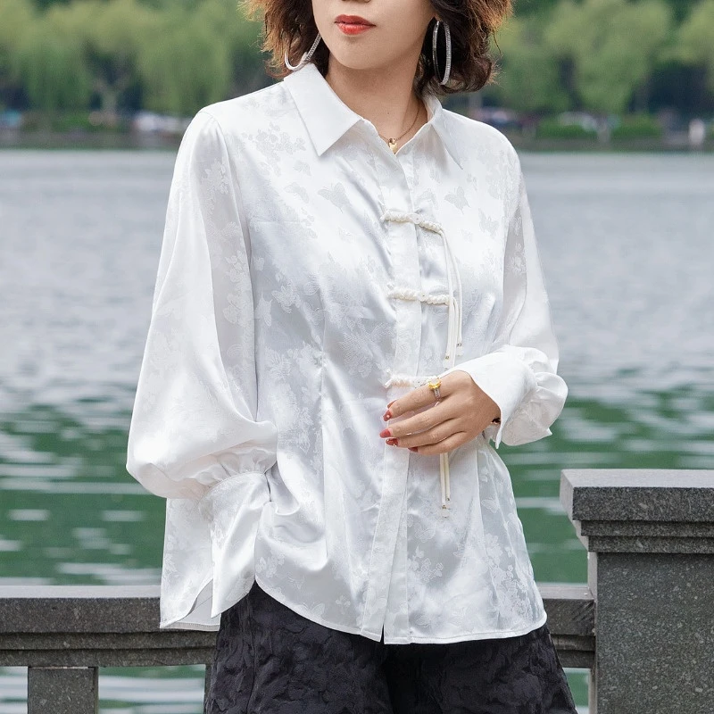 人弗缘甄选【蝴蝶飞过】白色印花新中式时尚长袖衬衫ZX24045-1