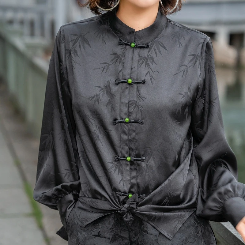 艾翕甄选【风动墨竹】黑色新中式休闲时尚长袖衬衫ZX24062-1