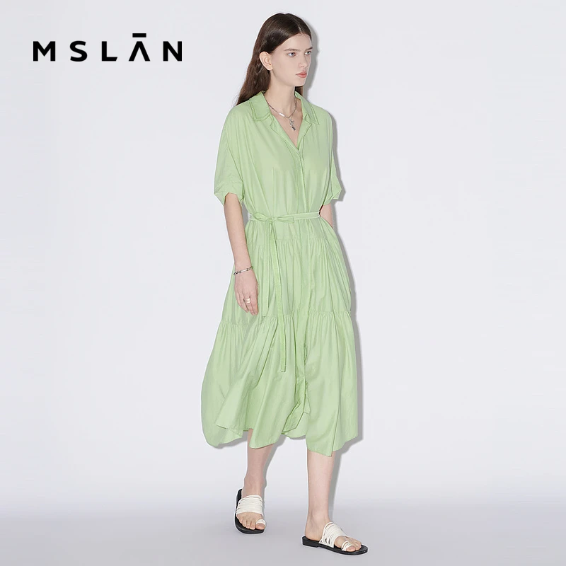 MSLAN商场同款舒适宽松显瘦气质收腰垂坠感长款连衣裙女 MFBE4114