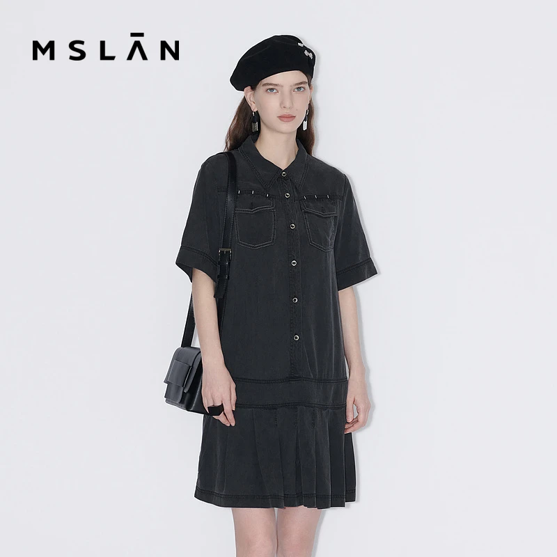 MSLAN商场同款新款时尚显瘦休闲双口袋百褶连衣裙女 MFCN4101