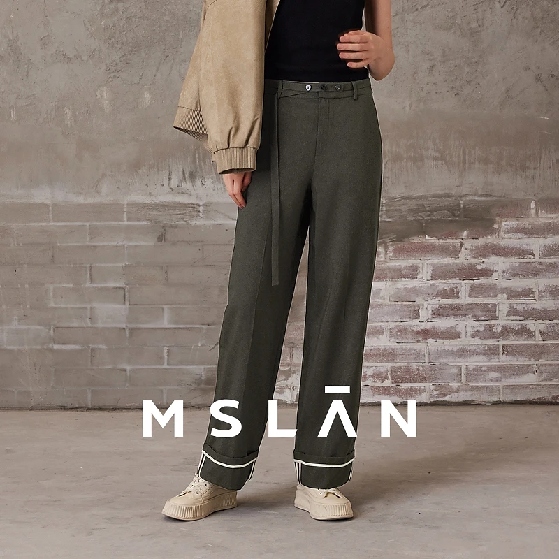 MSLAN秋新款精致通勤麻感细腰带异形扣撞色滚边直筒长裤MFAN6801