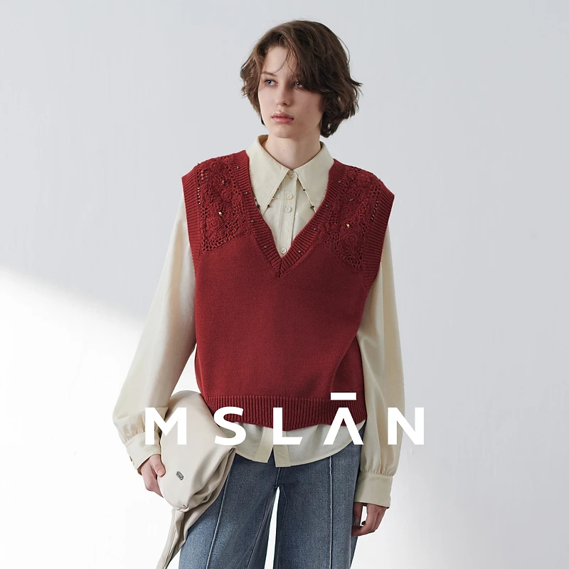 MSLAN【商场同款】新款时尚气质复古手勾镂空针织马甲背心女MGAW100