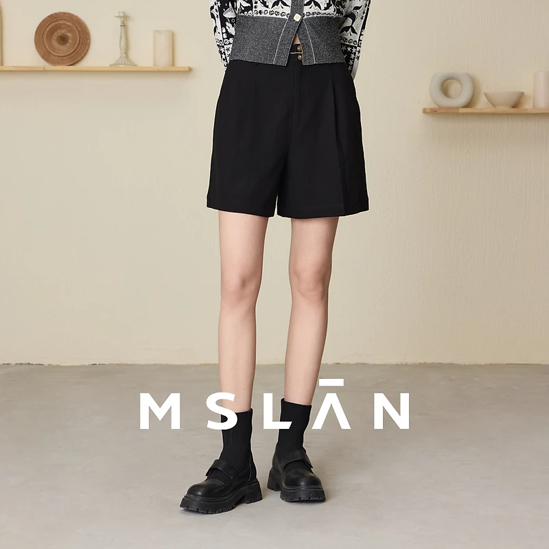 MSLAN【商场博主同款】冬季A型黑色气质时尚百搭显瘦短裤女MEDM6102