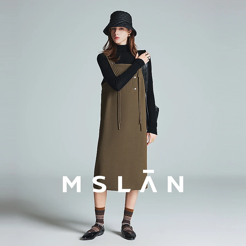 MSLAN【商场同款】新款气质显瘦针织时尚休闲连帽飘带背带裙MFDB123