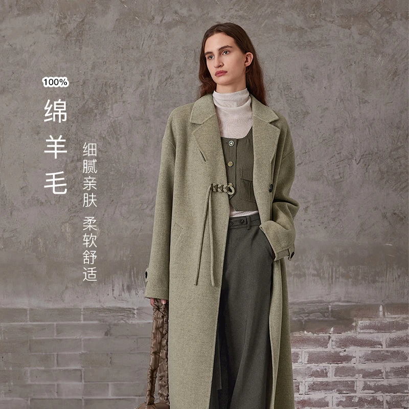 MSLAN【100绵羊毛】冬季极简国风盘扣双面呢外套沼泽绿大衣 MFDW547
