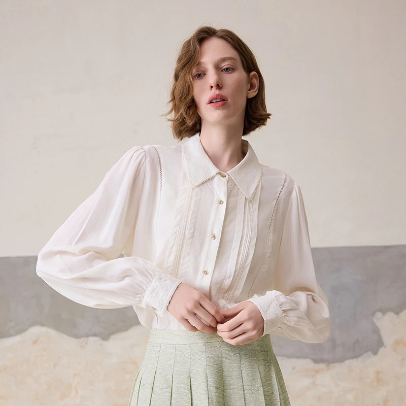 MSLAN高级感前片压褶垂坠显瘦雪纺衫泡泡袖衬衣通勤衬衫 MFBM1404