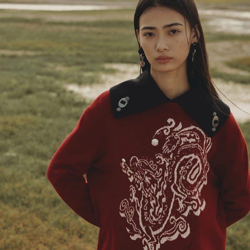 MSLAN【商场同款】冬季新款复古风百搭气质提花破洞针织套衫MFDN367