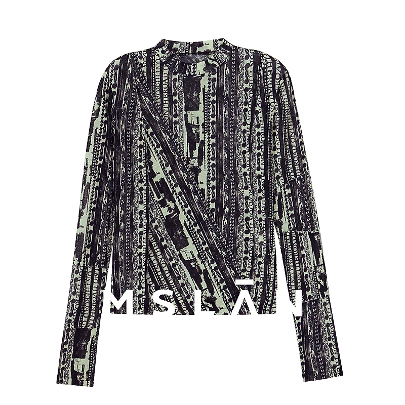 MSLAN新款个性印花时尚设计感不规则分割小众肌理感套衫女MGCN207