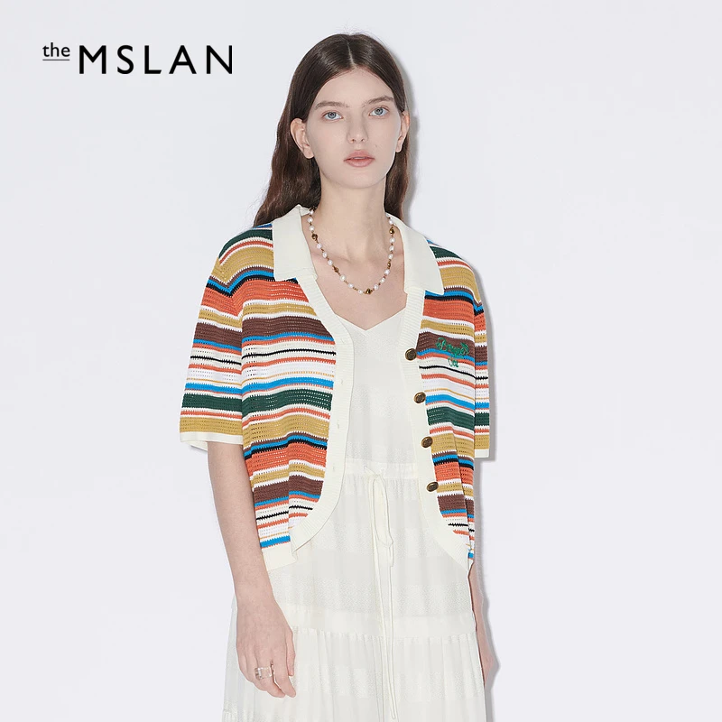 MSLAN夏季新款简约彩色条纹针织开衫冰爽丝滑毛织外套女 MFBE2301