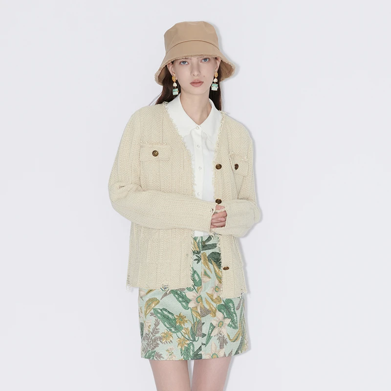 MSLAN【商场同款】新款时尚气质百搭舒适V领粗花呢毛织外套MFCE2335