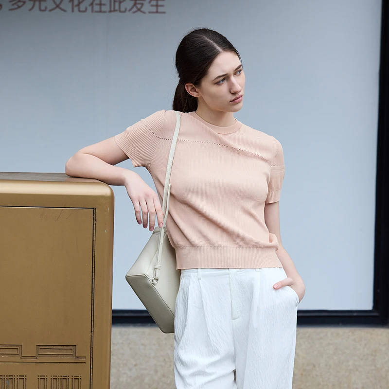 MSLAN新款圆领基础百搭休闲T恤心机镂空短袖百搭针织衫女 MGBN555