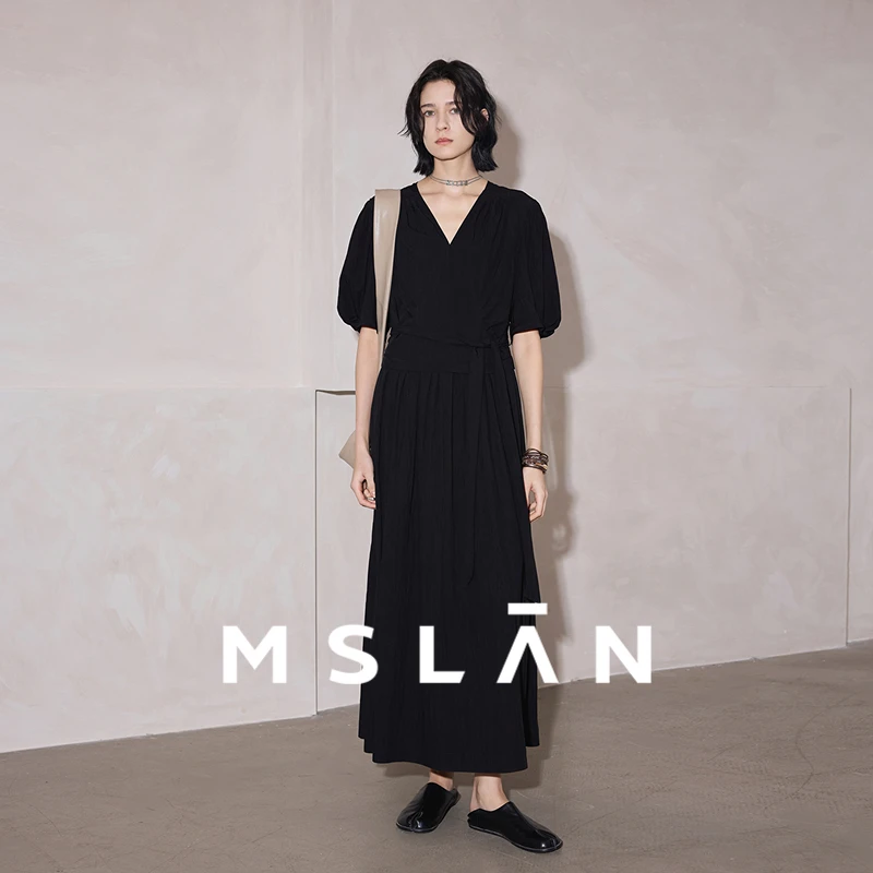 MSLAN商场同款夏季气质显瘦垂顺轻薄新款V领前褶连衣裙女 MGBT261