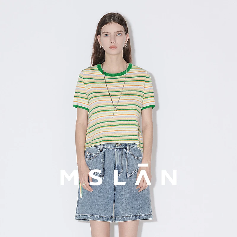 MSLAN【夏日多巴胺】甜美彩色时尚圆领透气条纹毛织套衫女 MFAN1104