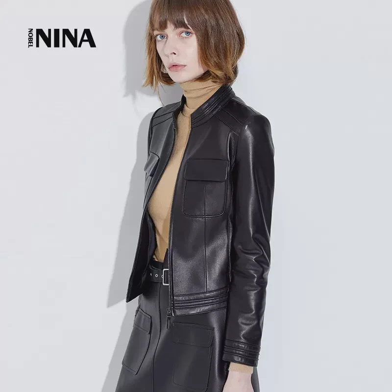 春季新款绵羊皮真皮皮衣外套女短款小立领简约高腰海宁黑色