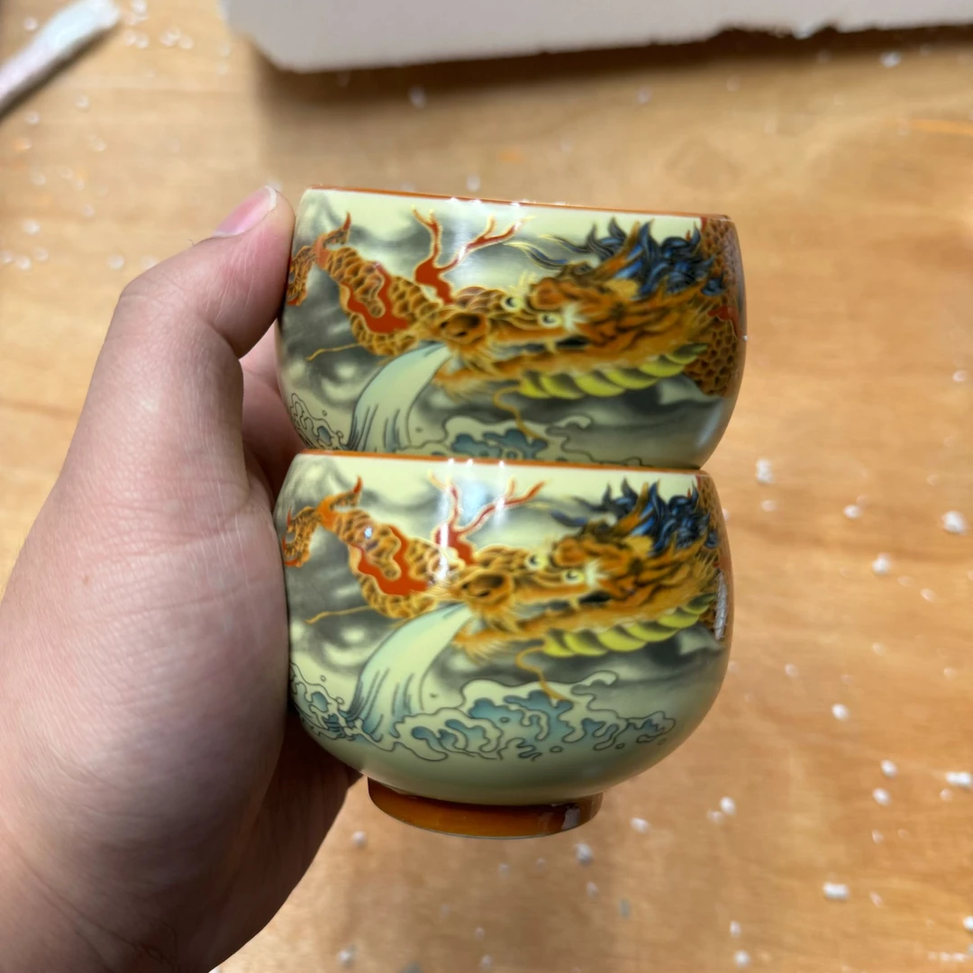 【闪购商品】龙腾盛世四海铜钱主人杯对杯茶杯精美陶瓷罗汉杯汝窑