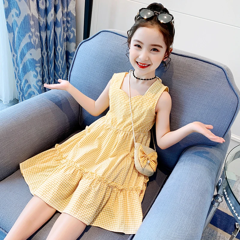（送包包）女童连衣裙夏款2025女孩子裙子儿童夏装格子大童裙子